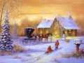 Weihnachtsschlitten mit pferd und Kinder mit Hund schneit